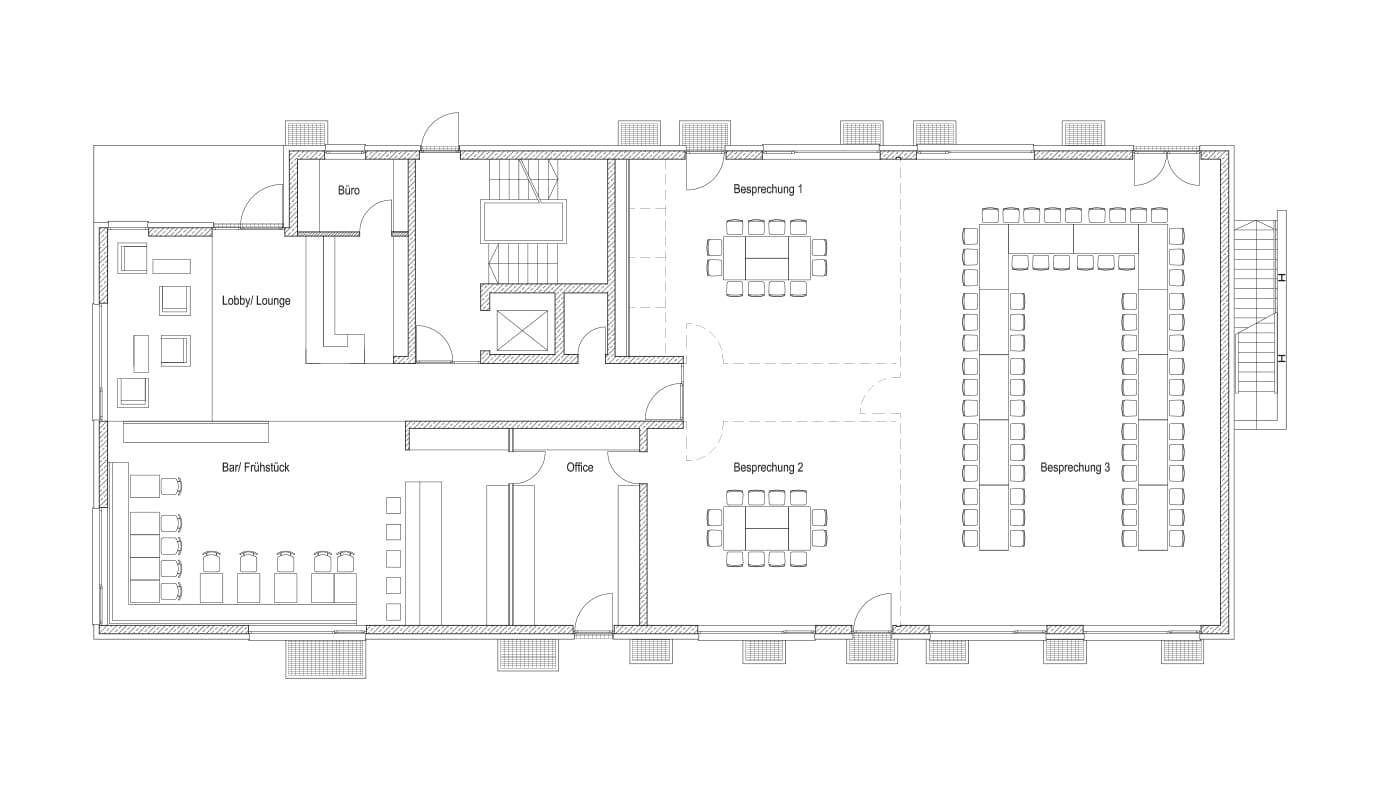Planzeichnung: Grundriss des Erdgeschosses – Hotelplanung im Münchner Osten