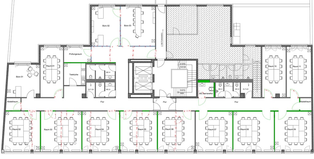 Grundriss mit farblich markierten Umbauarbeiten – Von Büroflächen zur Sprachschule in München